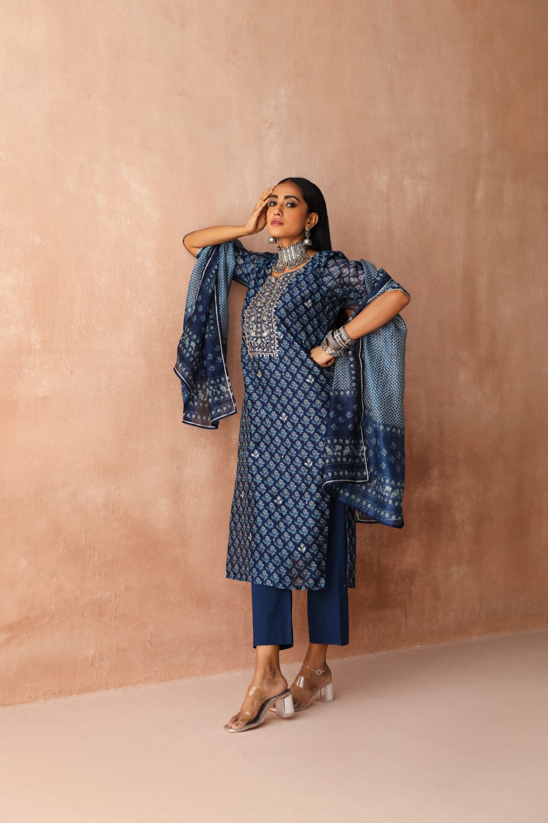 HERITAGE INDIA - NAVY CHANDERI KURTA SET (WITH PANT & DUPATTA)