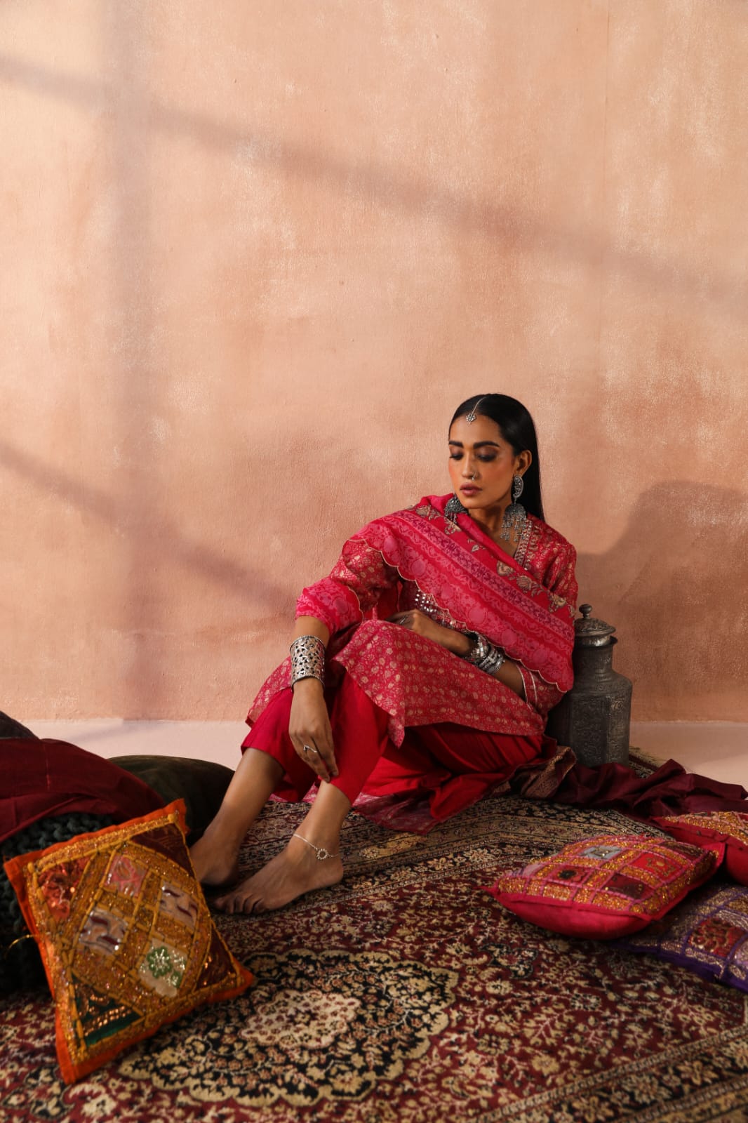 HERITAGE INDIA - DARK PINK CHANDERI KURTA SET (WITH PANT & DUPATTA)