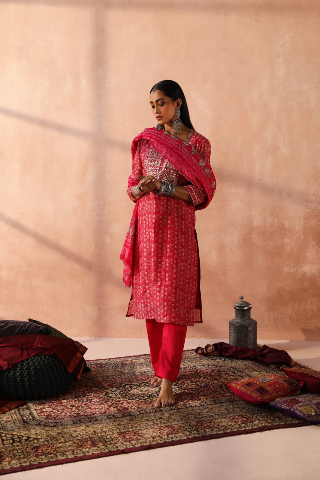 HERITAGE INDIA - DARK PINK CHANDERI KURTA SET (WITH PANT & DUPATTA)