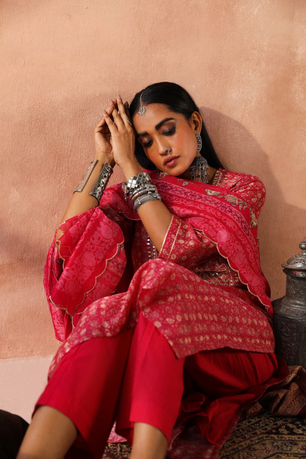 HERITAGE INDIA - DARK PINK CHANDERI KURTA SET (WITH PANT & DUPATTA)