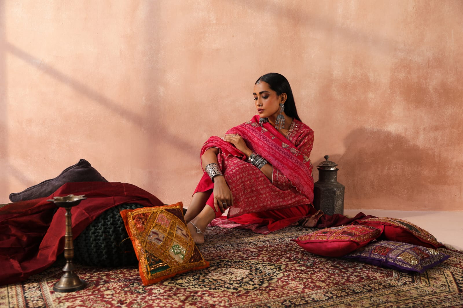 HERITAGE INDIA - DARK PINK CHANDERI KURTA SET (WITH PANT & DUPATTA)