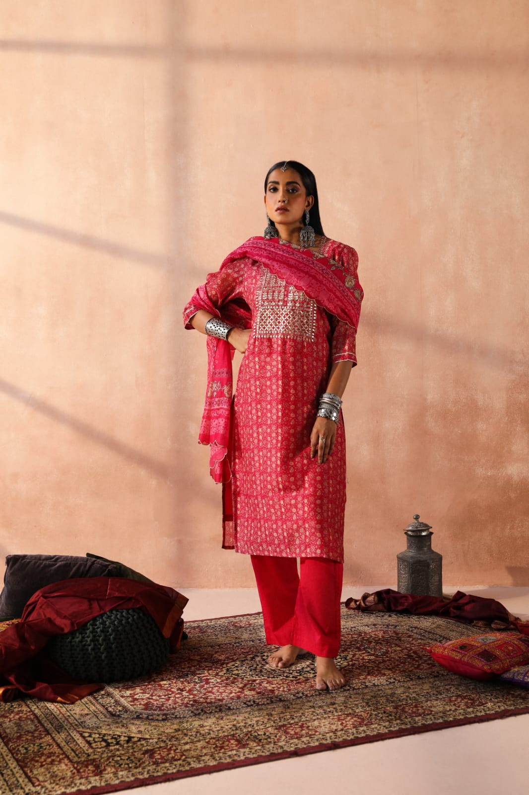 HERITAGE INDIA - DARK PINK CHANDERI KURTA SET (WITH PANT & DUPATTA)