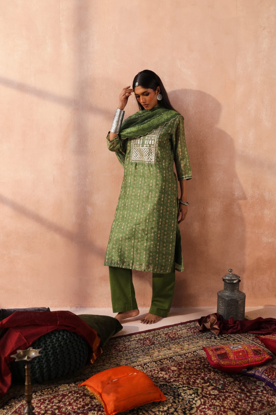 HERITAGE INDIA - MEHANDI GREEN CHANDERI KURTA SET (WITH PANT & DUPATTA)