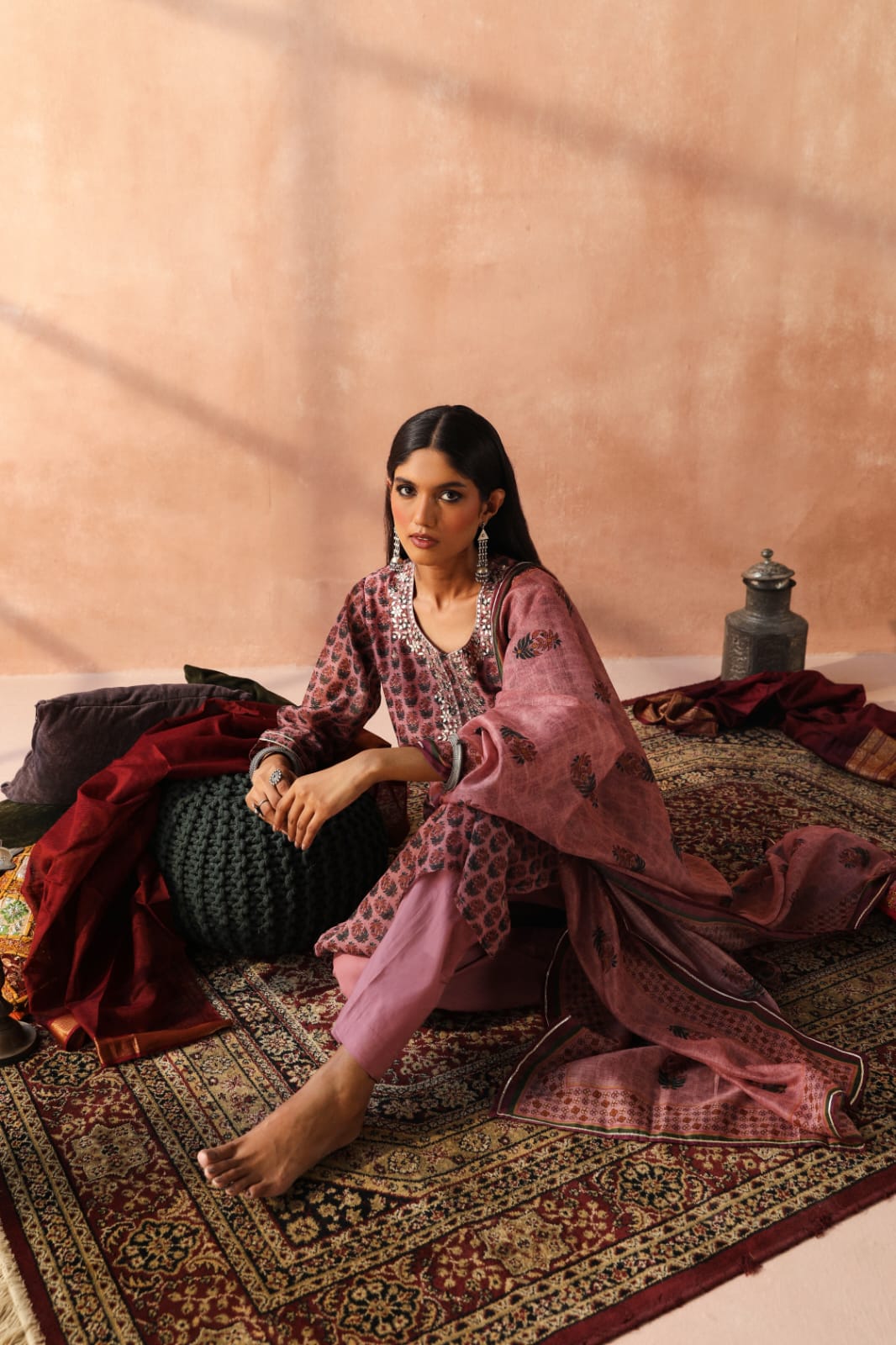 HERITAGE INDIA - ONION PINK CHANDERI KURTA SET (WITH PANT & DUPATTA)