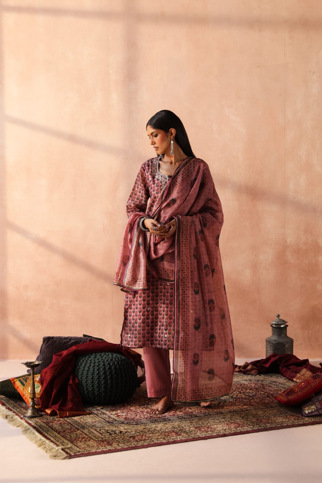 HERITAGE INDIA - ONION PINK CHANDERI KURTA SET (WITH PANT & DUPATTA)