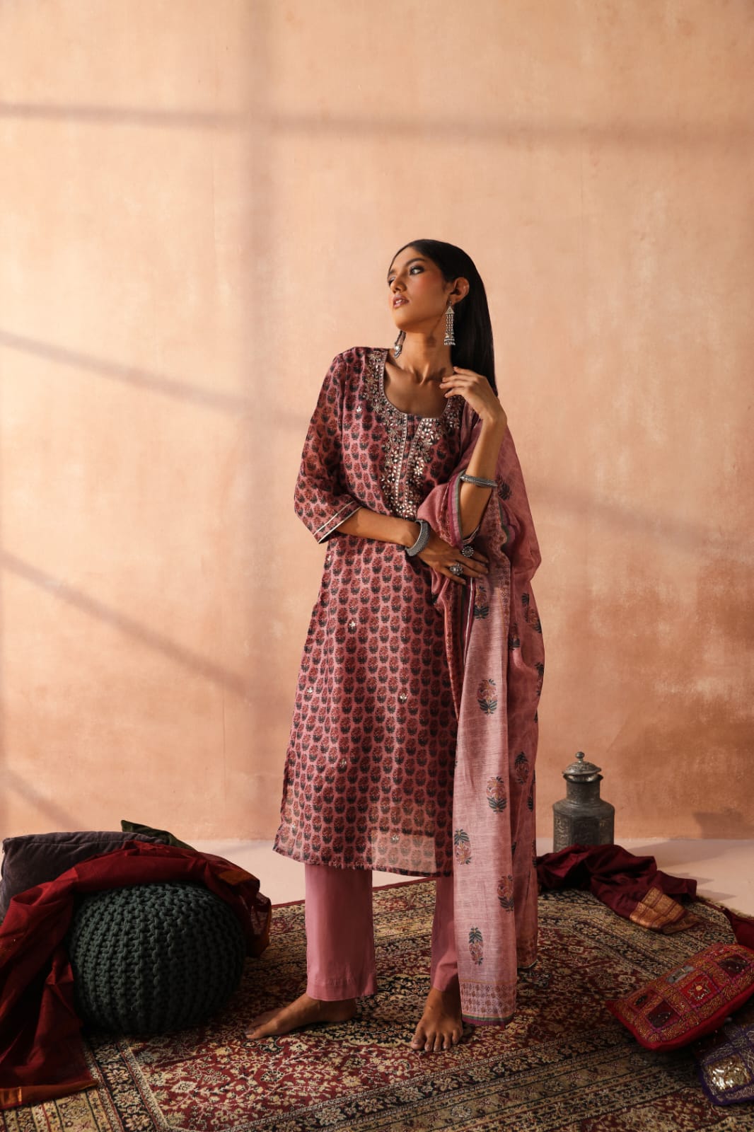 HERITAGE INDIA - ONION PINK CHANDERI KURTA SET (WITH PANT & DUPATTA)