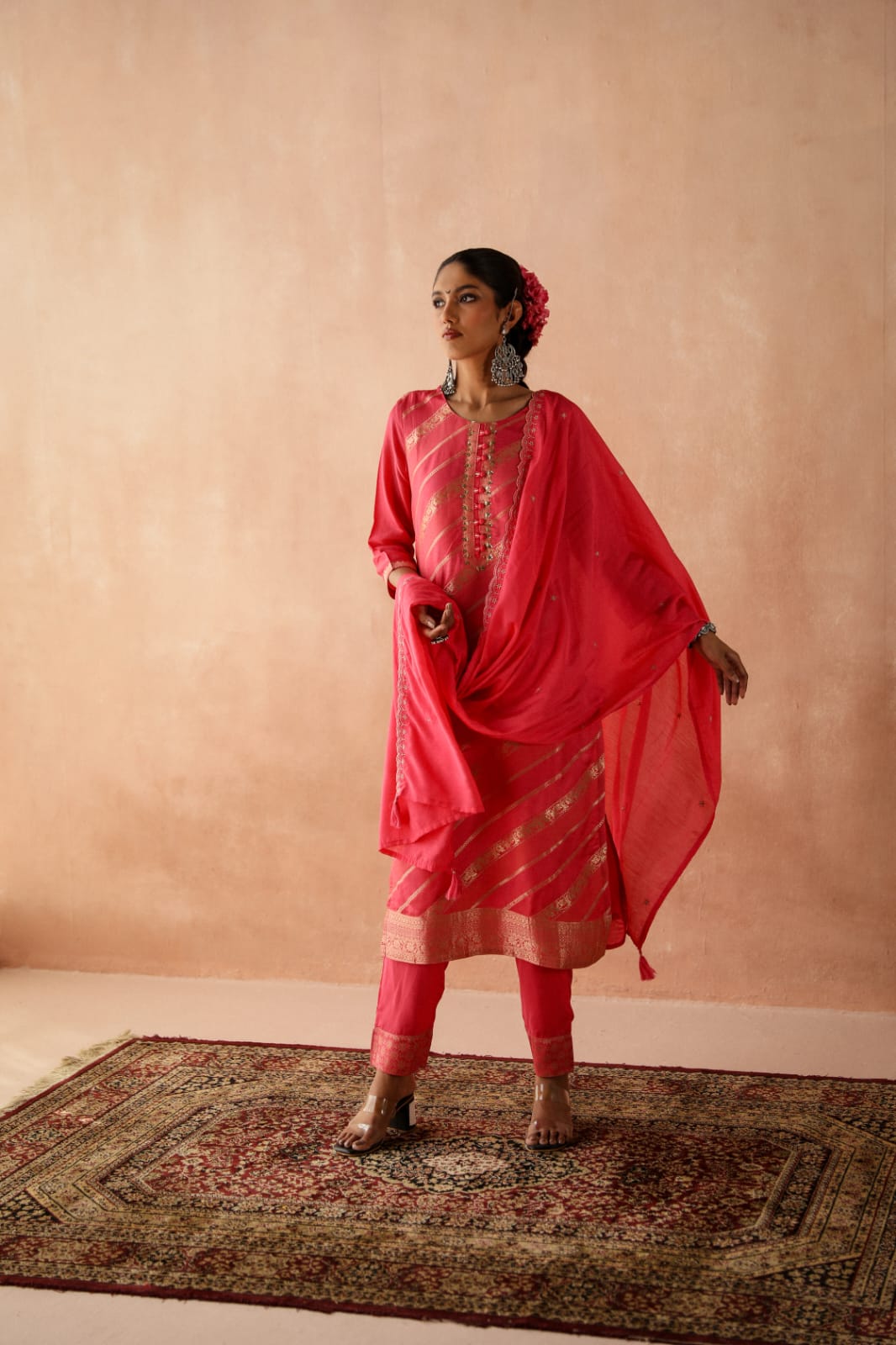 HERITAGE INDIA - PINK SILK JACQUARD SUIT SET (WITH PANTS & DUPATTA)