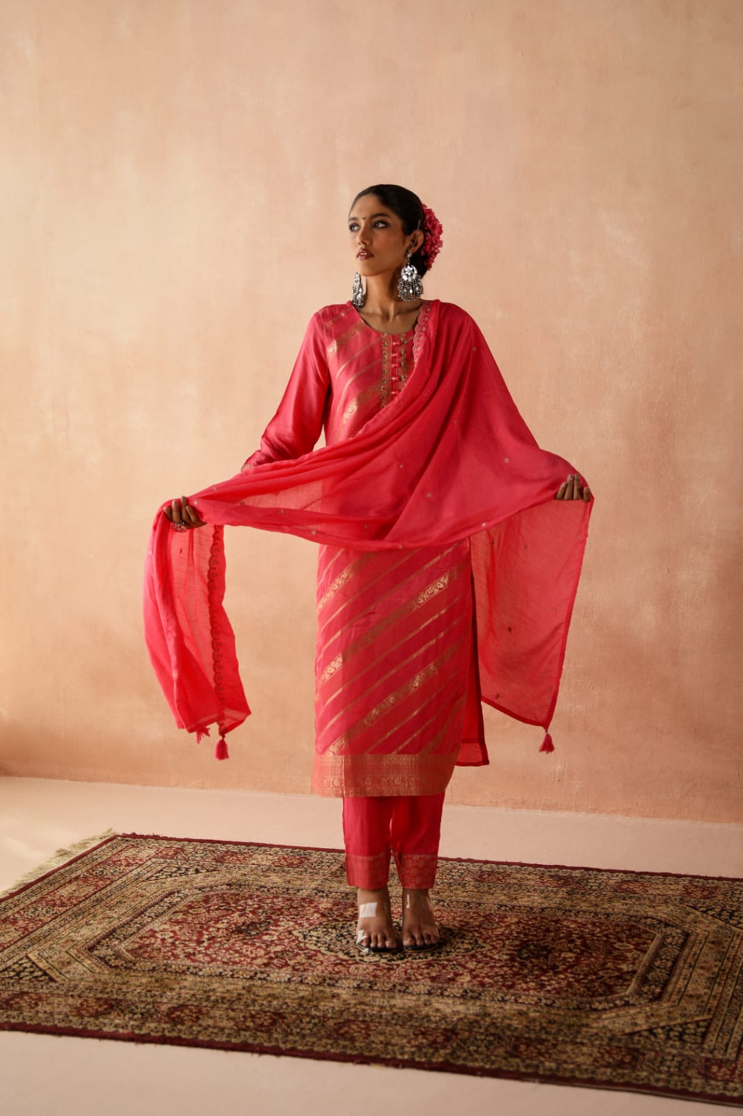HERITAGE INDIA - PINK SILK JACQUARD SUIT SET (WITH PANTS & DUPATTA)