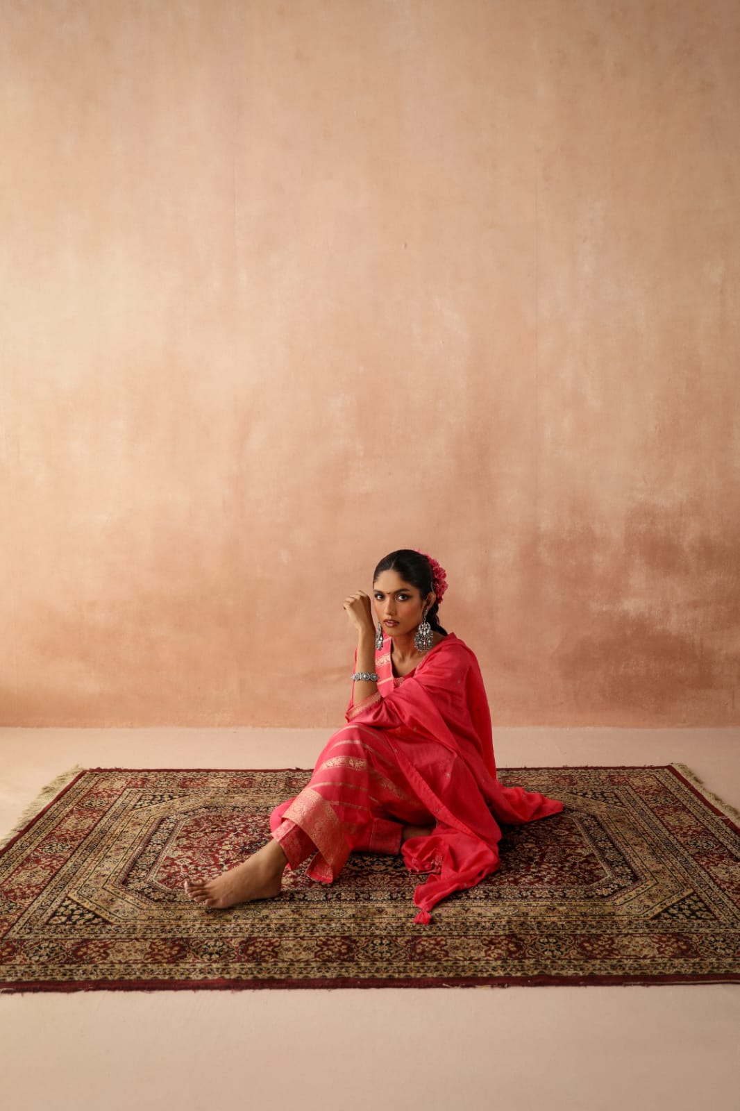 HERITAGE INDIA - PINK SILK JACQUARD SUIT SET (WITH PANTS & DUPATTA)