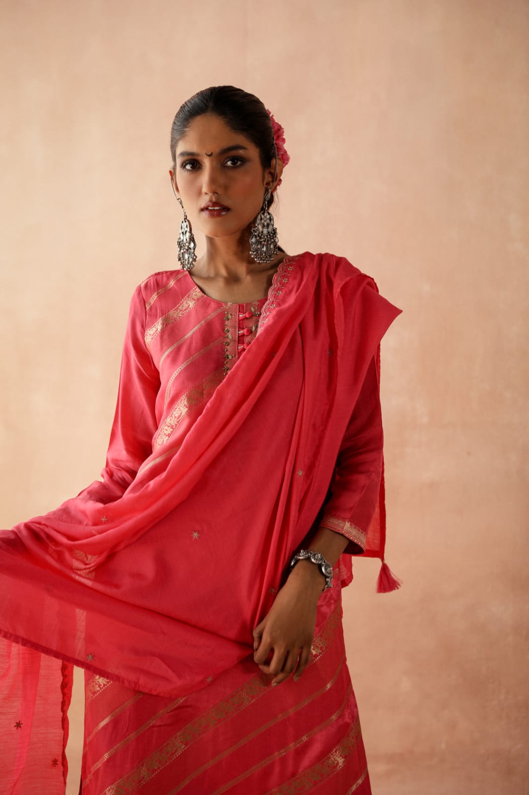 HERITAGE INDIA - PINK SILK JACQUARD SUIT SET (WITH PANTS & DUPATTA)