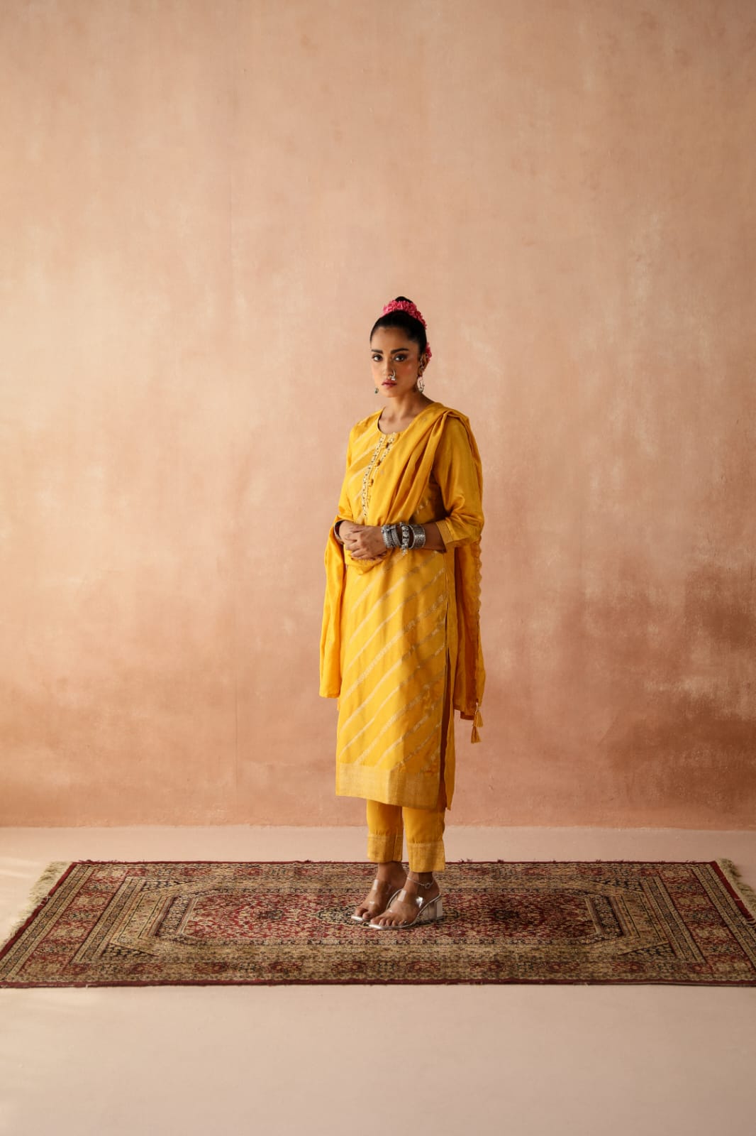 HERITAGE INDIA - YELLOW SILK JACQUARD SUIT SET (WITH PANTS & DUPATTA)