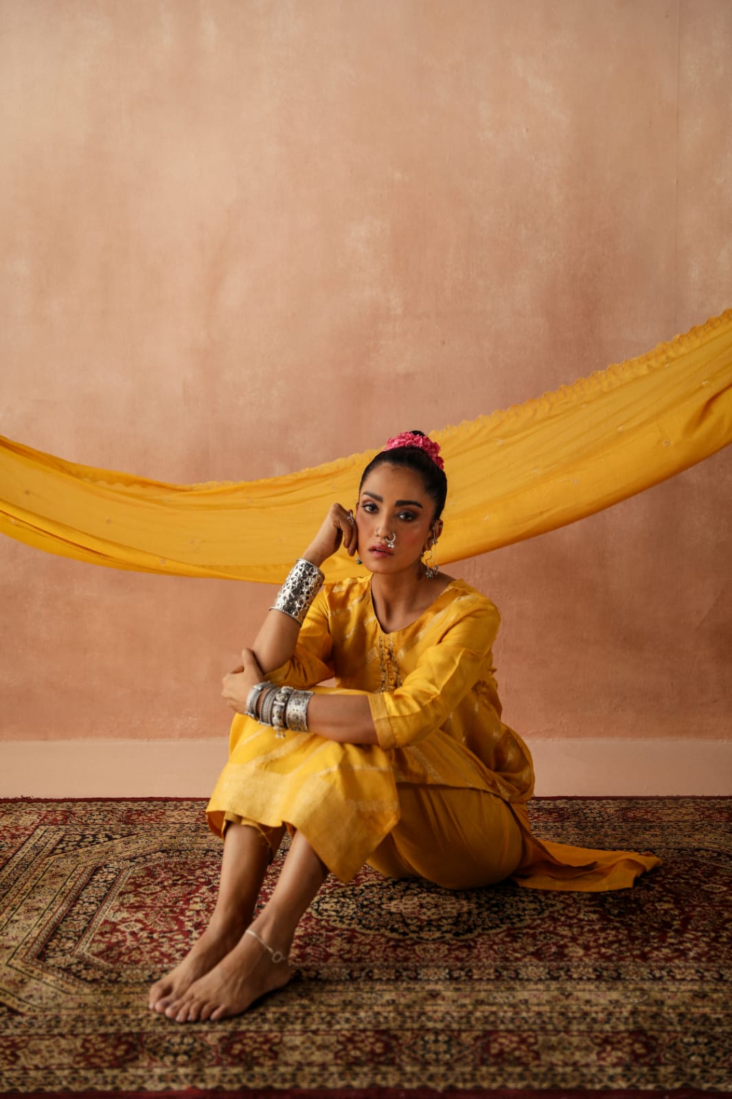 HERITAGE INDIA - YELLOW SILK JACQUARD SUIT SET (WITH PANTS & DUPATTA)