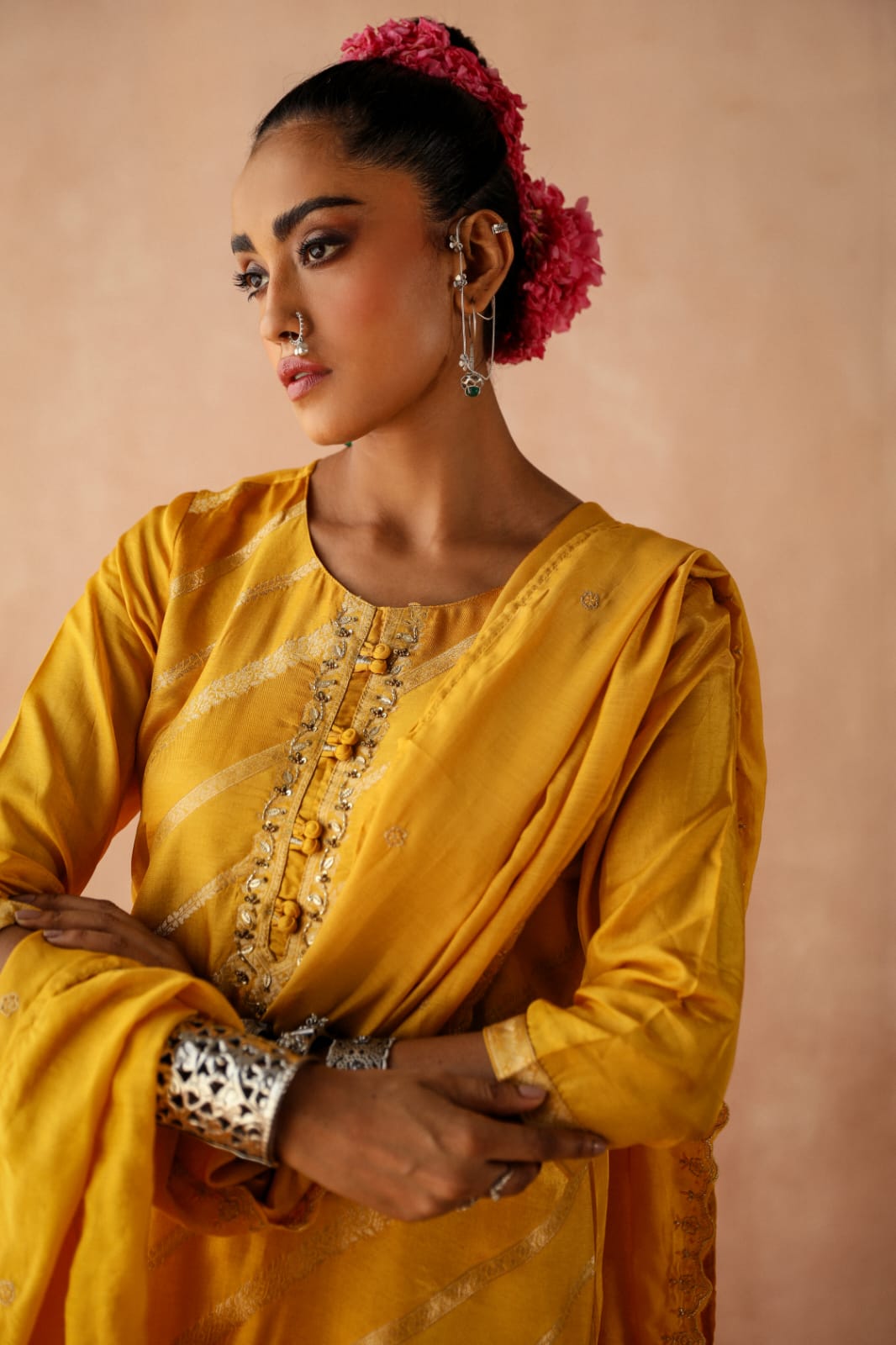 HERITAGE INDIA - YELLOW SILK JACQUARD SUIT SET (WITH PANTS & DUPATTA)