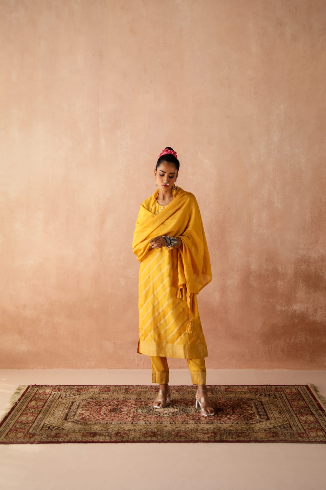 HERITAGE INDIA - YELLOW SILK JACQUARD SUIT SET (WITH PANTS & DUPATTA)