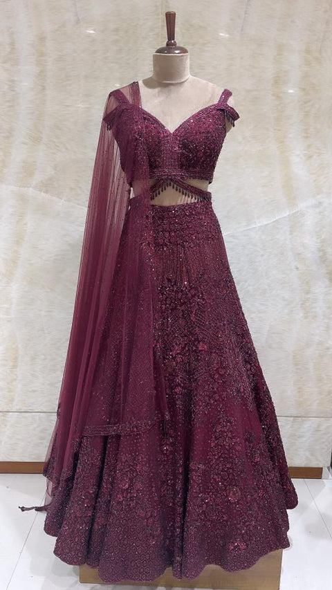 Wine Net Embroidery Sequin Sweetheart Neck And Bead Lehenga Set For Women