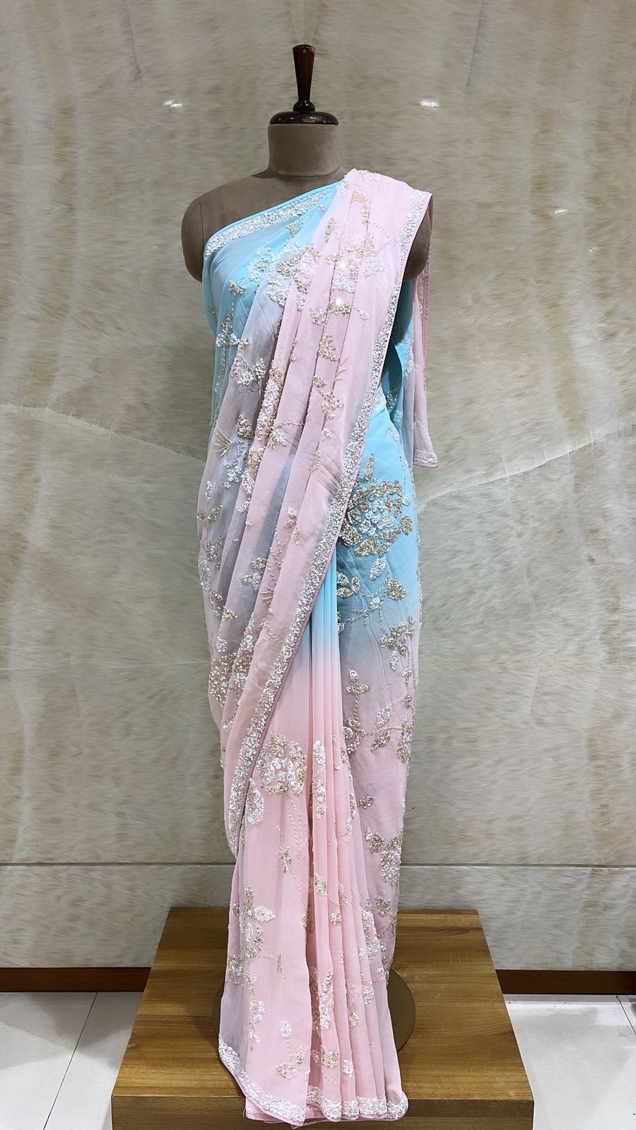 Sequined Two-Tone Georgette Saree in Baby Pink and Powder Blue