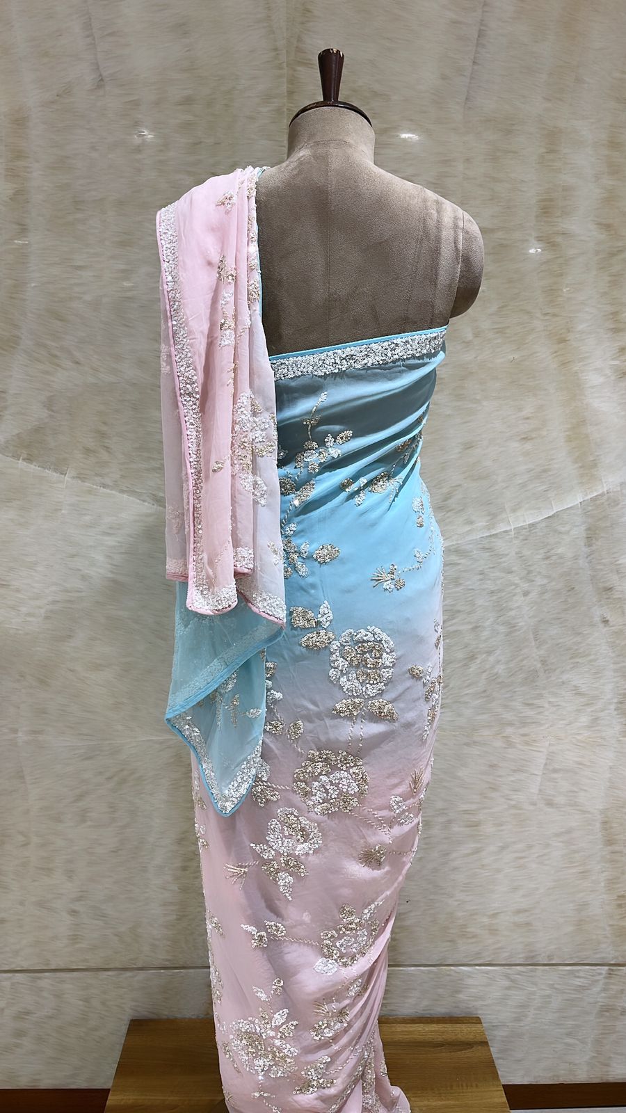 Sequined Two-Tone Georgette Saree in Baby Pink and Powder Blue