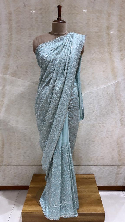 Intricately Embroidered Sea Green Georgette Saree