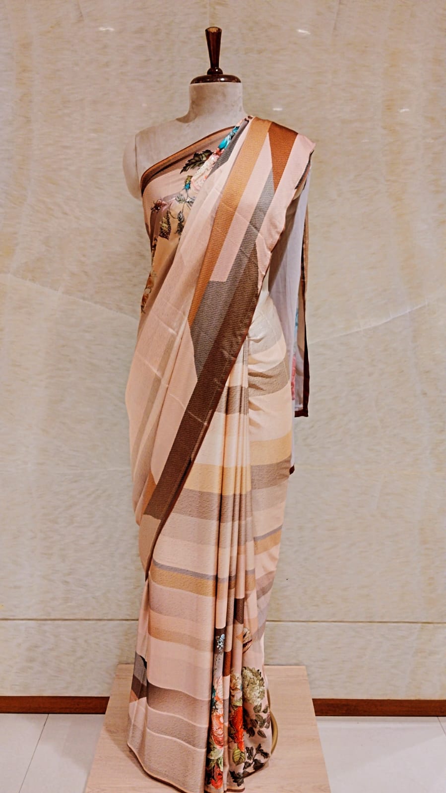 Elegant Cream & Brown Saree with Geometrical Motifs and Swarovski Embellishments