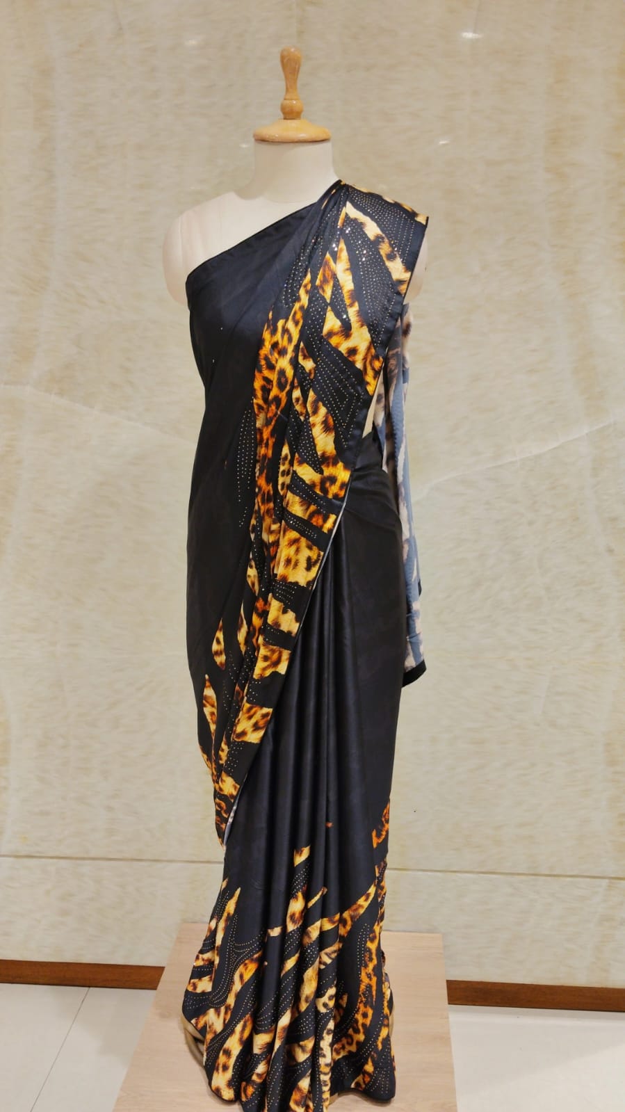 Captivating Black Satin Saree with Leopard Print and Swarovski Embellishments