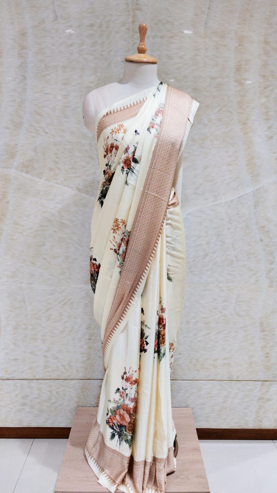 Luxurious Cream Satin Saree with Swarovski Embroidery and Floral Pattern