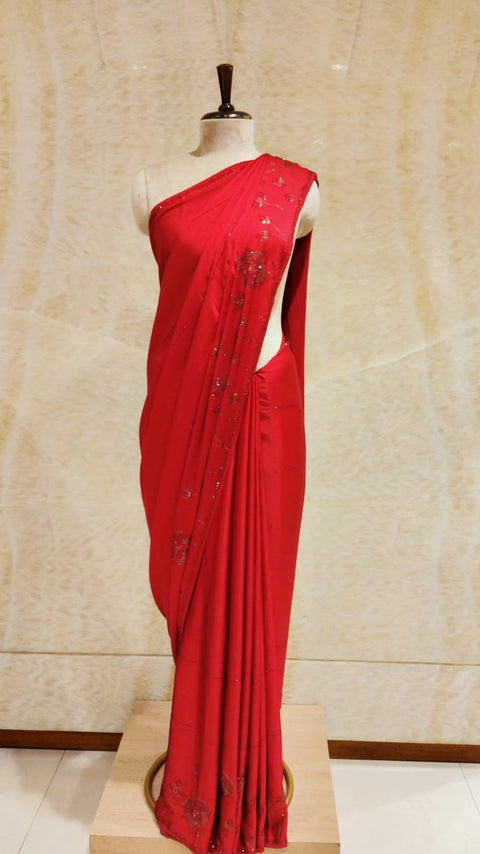 Luxurious Coral Red Satin Saree with Swarovski Embroidery