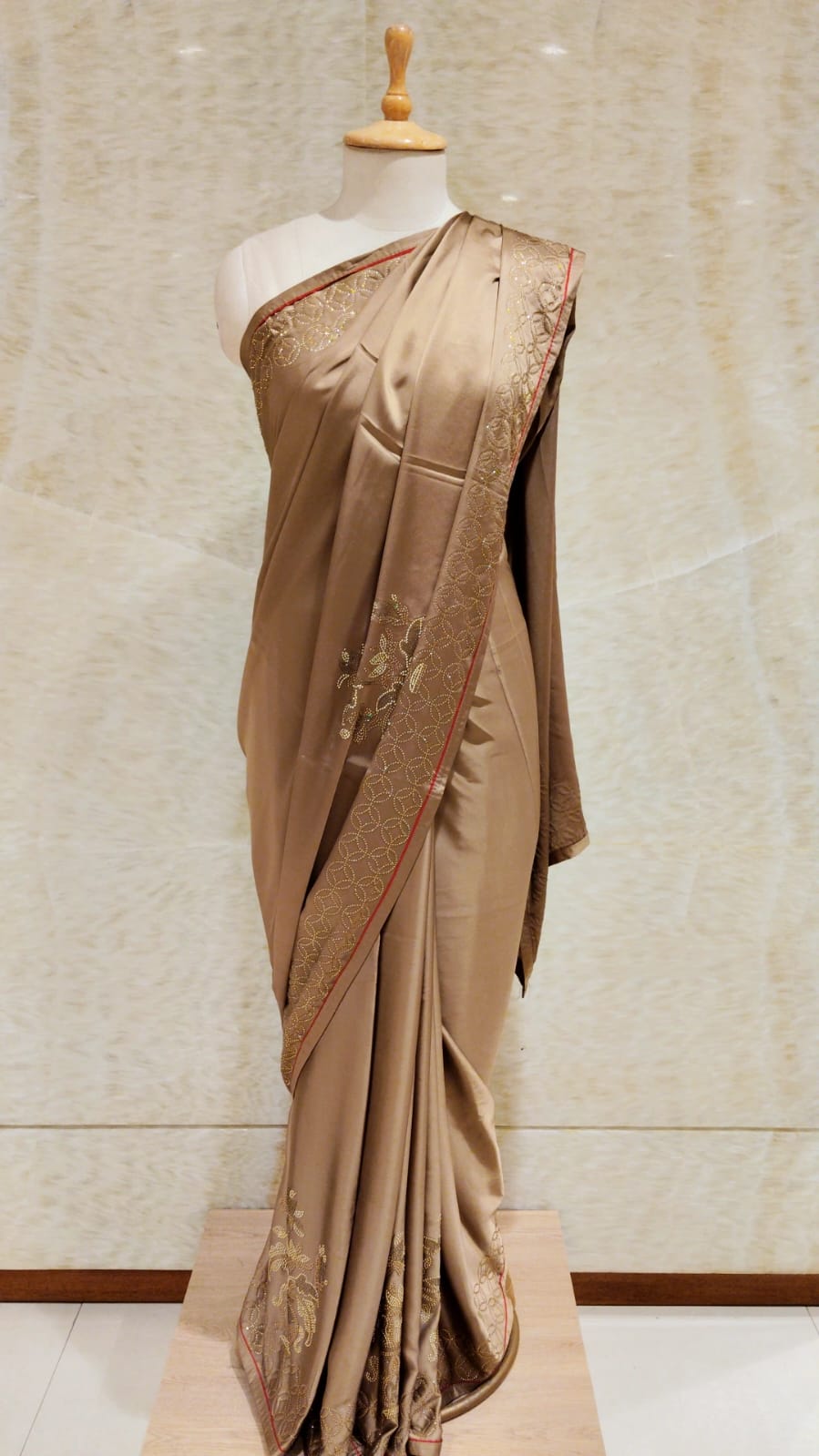 Sophisticated Brown Satin Saree with Intricate Swarovski Embroidery
