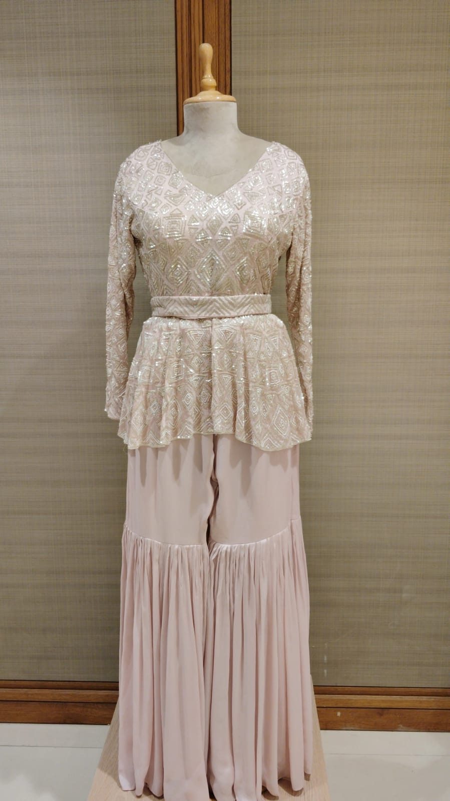 Baby Pink Georgette Suit with Cut Dana, Sequins, and Pearls Embroidery