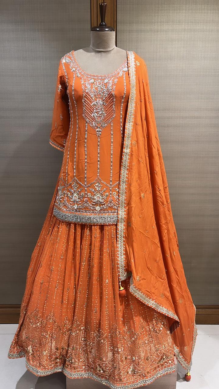 Opulent Rust: Embroidered Lehenga Set for Women