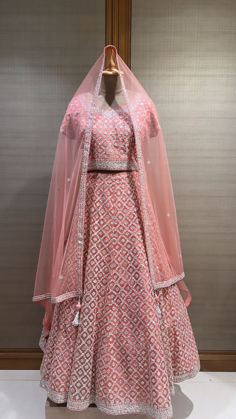 Pristine Peach: Lehenga Choli Enriched with Zardozi and Gota Patti Embellishments