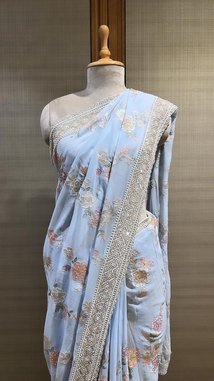 Sky Blue Georgette Saree: Multicolored Thread Work with Floral Pattern, Includes Unstitched Blouse