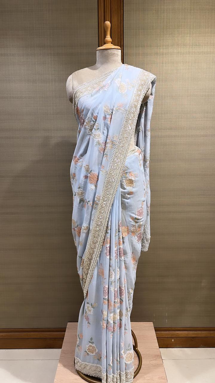 Sky Blue Georgette Saree: Multicolored Thread Work with Floral Pattern, Includes Unstitched Blouse