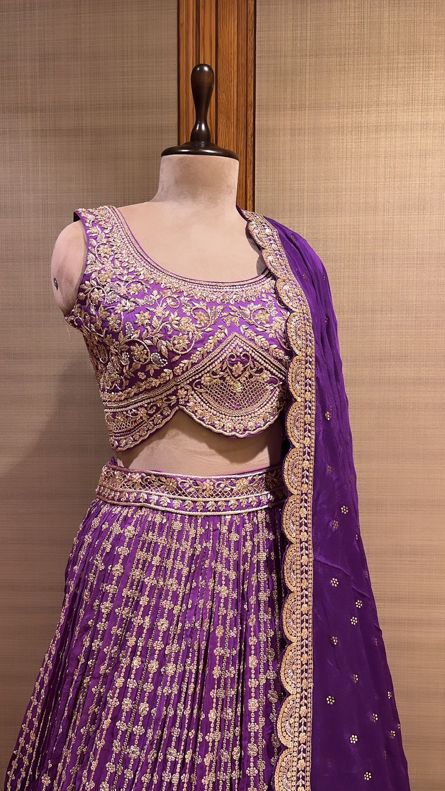Purple Majesty: Lehenga Choli Bedecked with Sequins, Mirrors, and French Knots