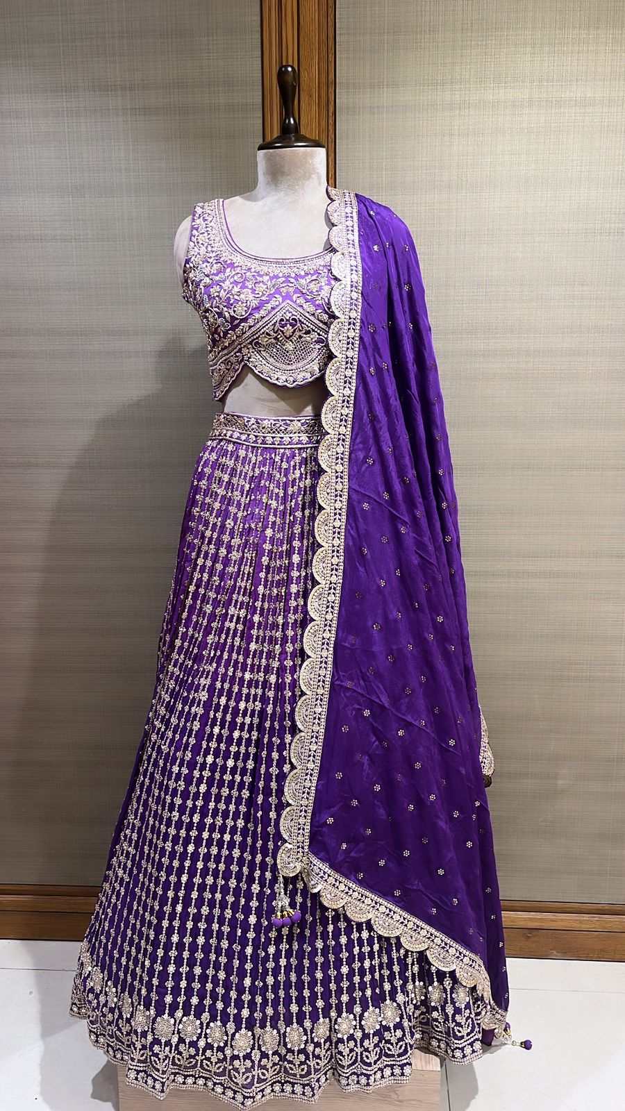 Purple Majesty: Lehenga Choli Bedecked with Sequins, Mirrors, and French Knots