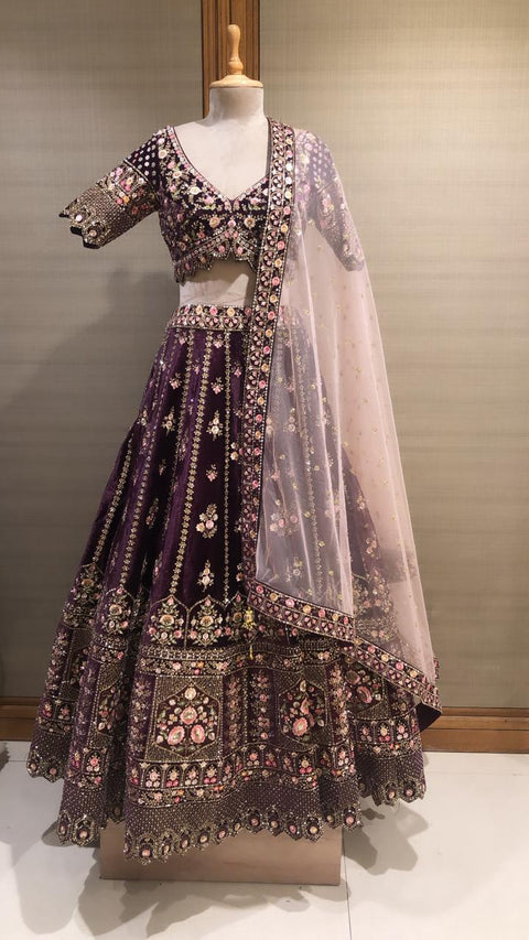 Purple Majesty: Lehenga Choli Bedecked with Sequin, Mirror, and French Knot Embellishments