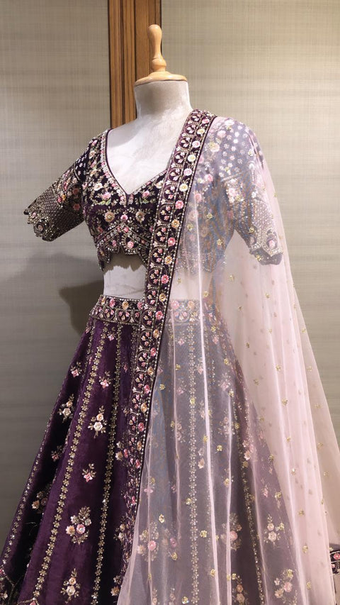 Purple Majesty: Lehenga Choli Bedecked with Sequin, Mirror, and French Knot Embellishments