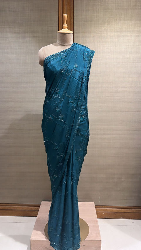 Elegant Peacock Organza Saree with Intricate Embellishments