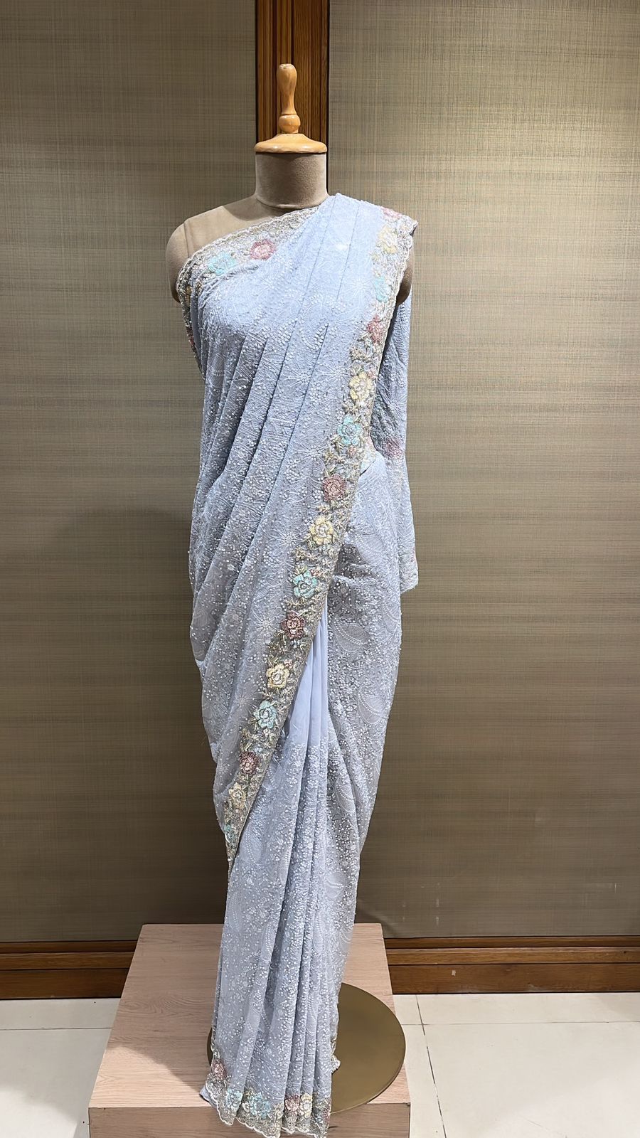 Elegant Grey Georgette Saree with Vibrant Embellishments