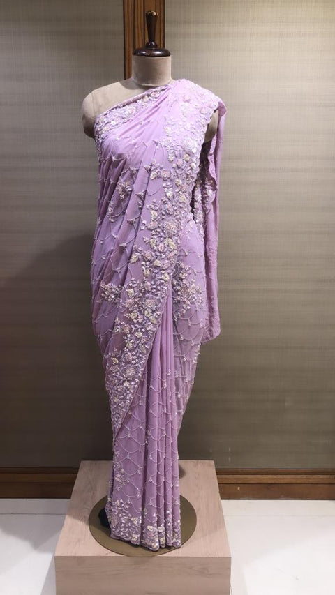 Luxurious Lilac Organza Saree with Sequins, French Knots, and Cut Dana Work Embroidery