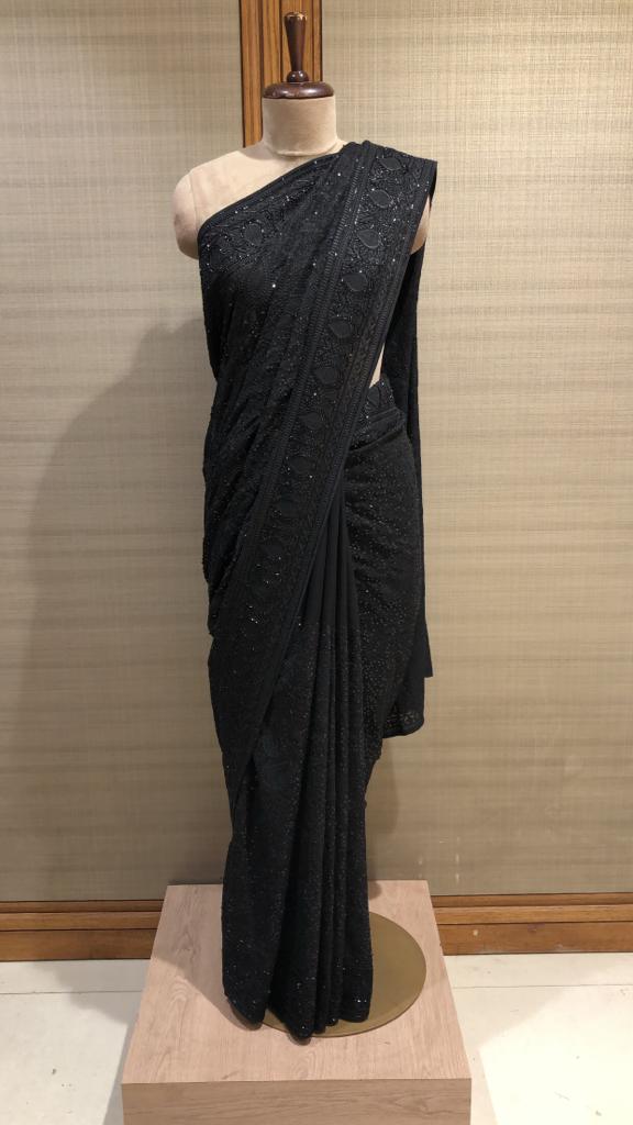 Timeless Elegance: Black Georgette Saree with Cut Dana and Thread Work Embroidery