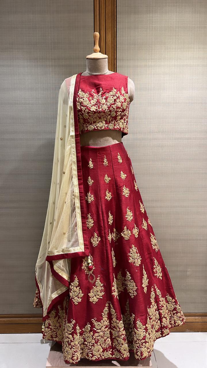 Maroon Lehenga Choli Embellished With Sequin, Mirror, And French Knot Detailing