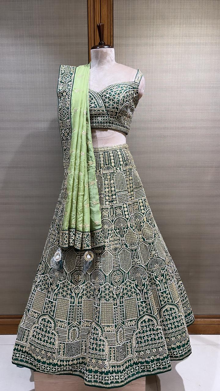 Bottle Green Elegance: Exquisite Embroidered Bridal Lehenga