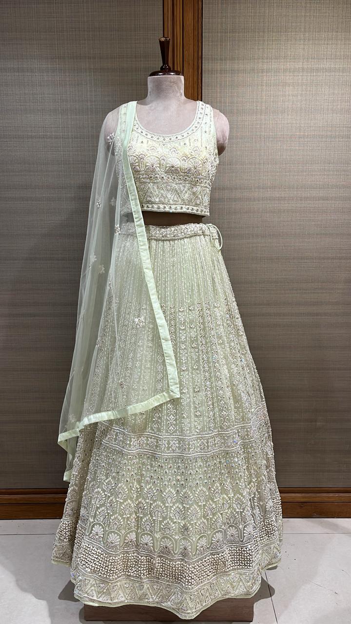 Enchanting Floral Delight: Light Olive Green Lehenga Choli