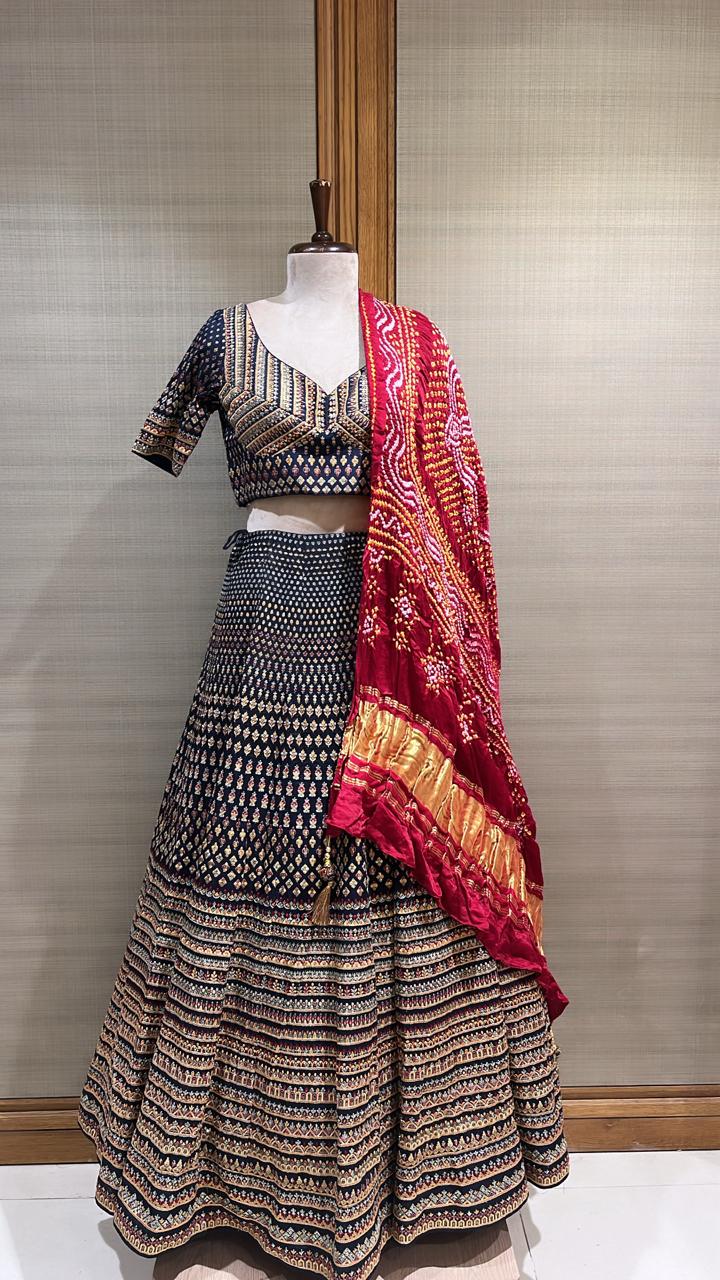 Navy Blue Embroidered Lehenga Set For Women