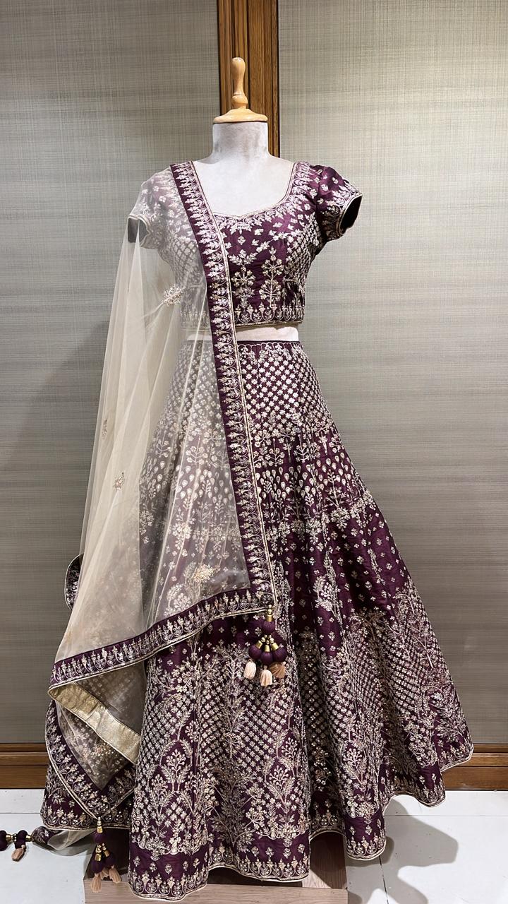 Glamorous Elegance: Wine Sequins Work Raw Silk Readymade Lehenga Set