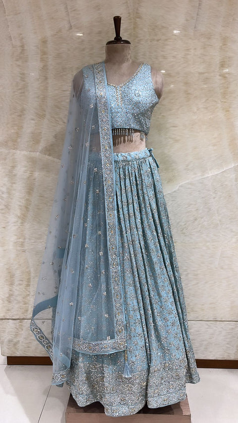 Blue Sequins And Zardozi Work Georgette Readymade Lehenga