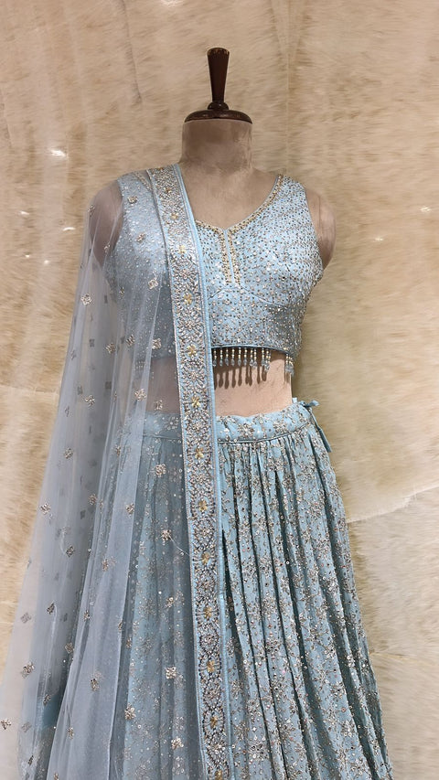 Blue Sequins And Zardozi Work Georgette Readymade Lehenga