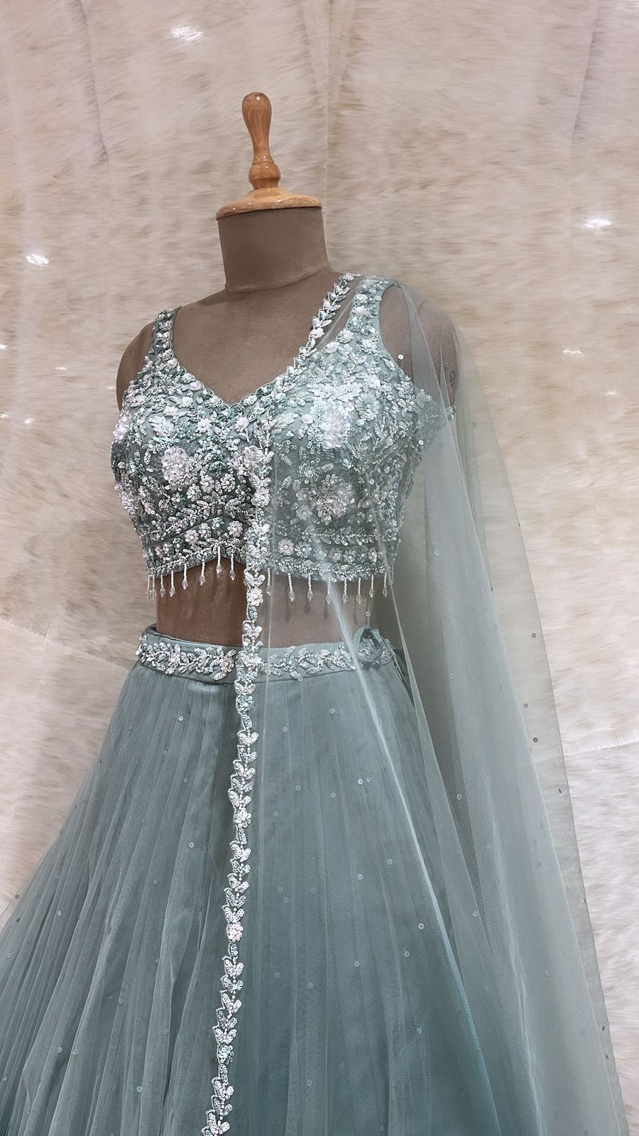 Radiant Splendor: Blue Sequins and Beadwork Net Readymade Lehenga