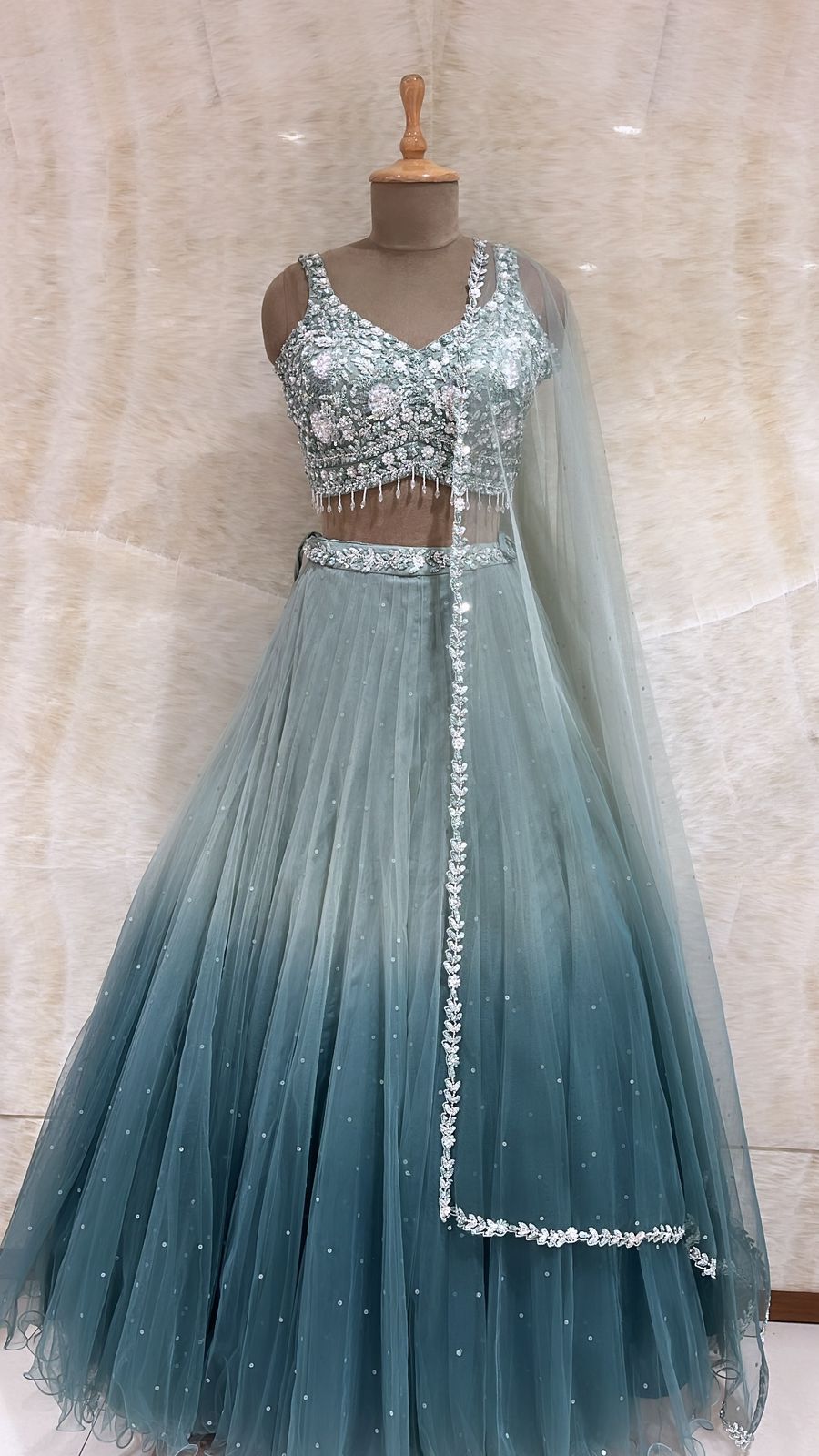 Radiant Splendor: Blue Sequins and Beadwork Net Readymade Lehenga