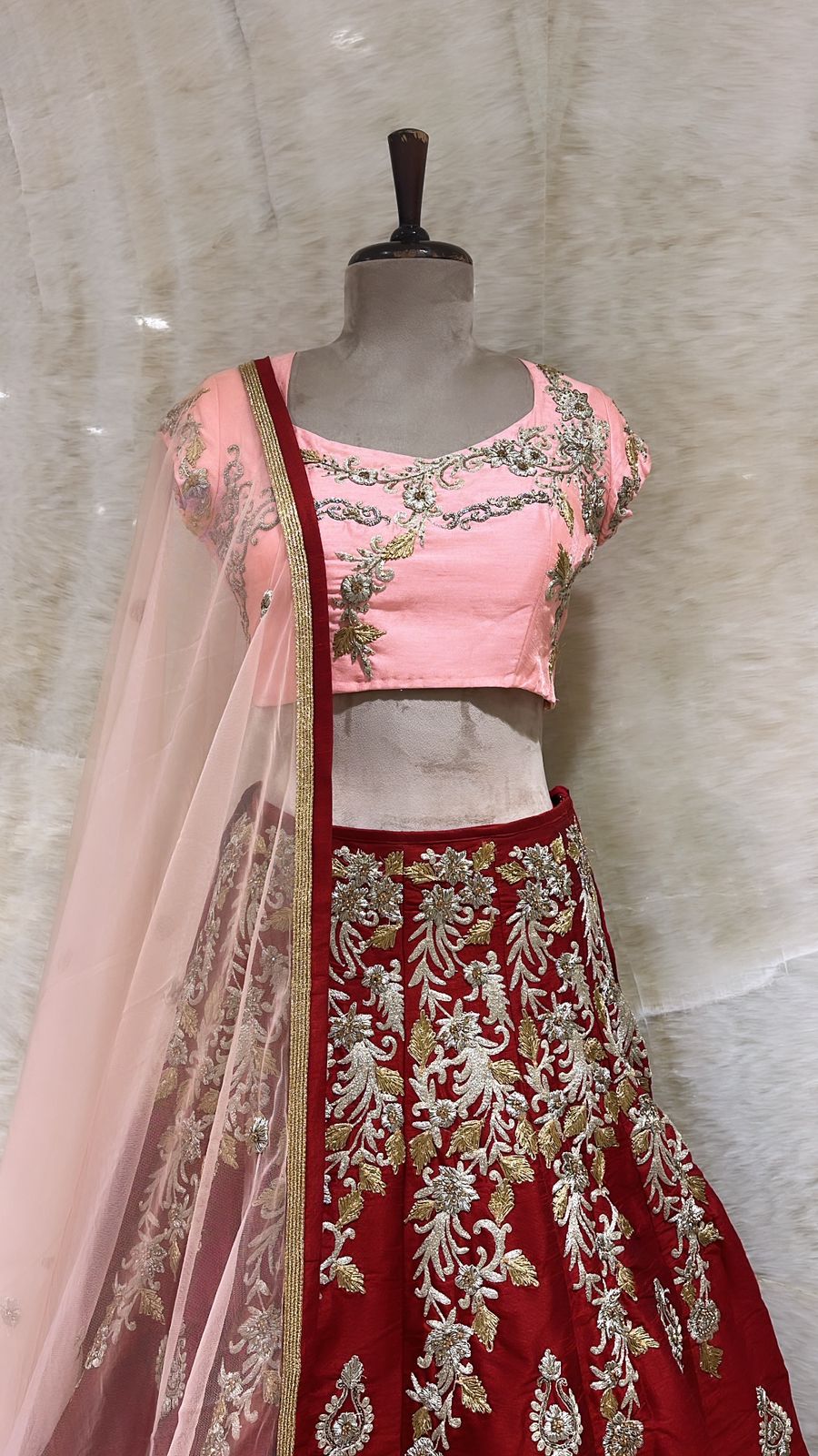Exquisite Charm: Maroon and Carrot Pink Embellished Lehenga Set
